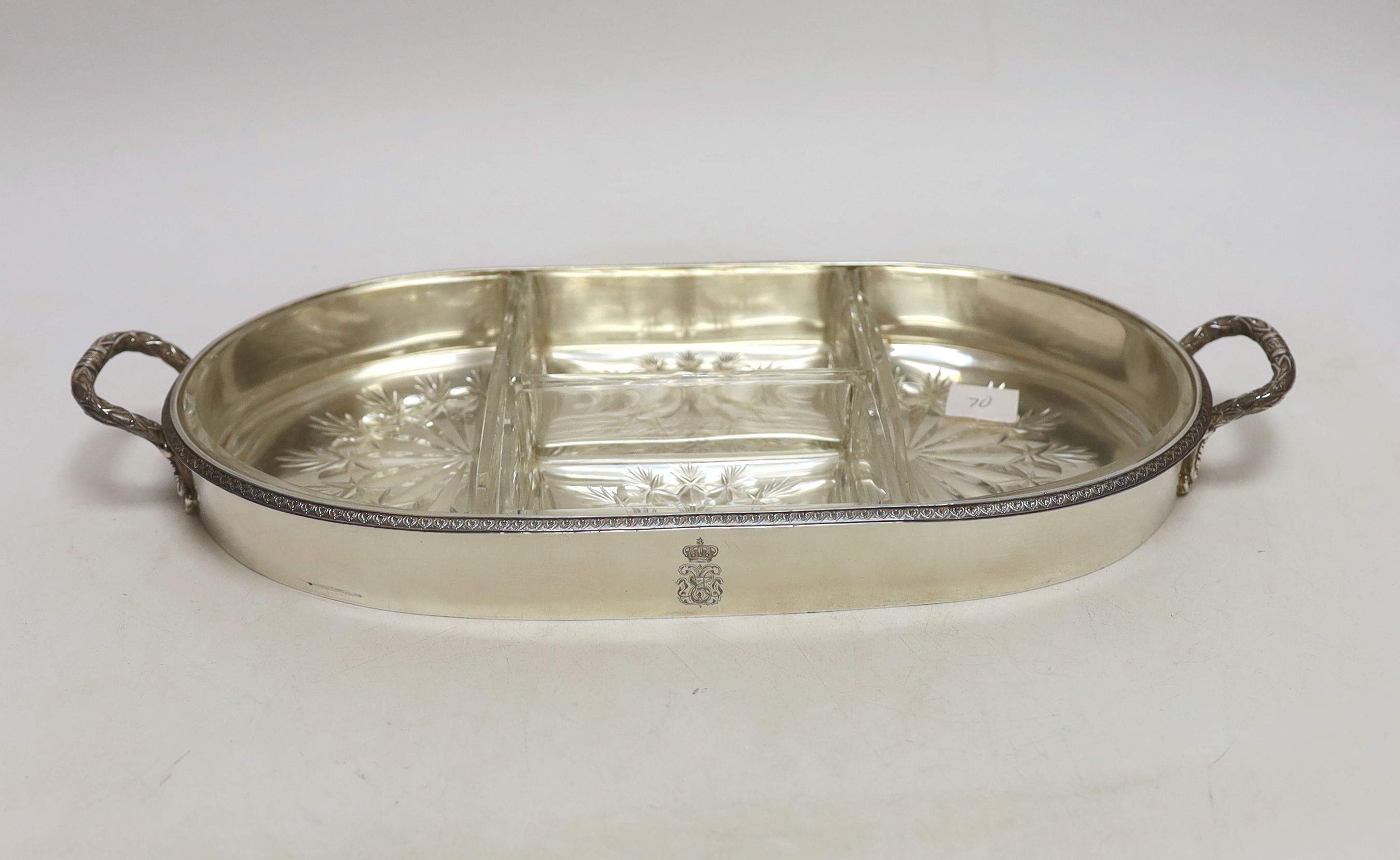 A French 950 standard white metal oval two handled hors d'oeuvres tray, with six cut glass inserts(one chipped), 35.6cm, 19.9oz.